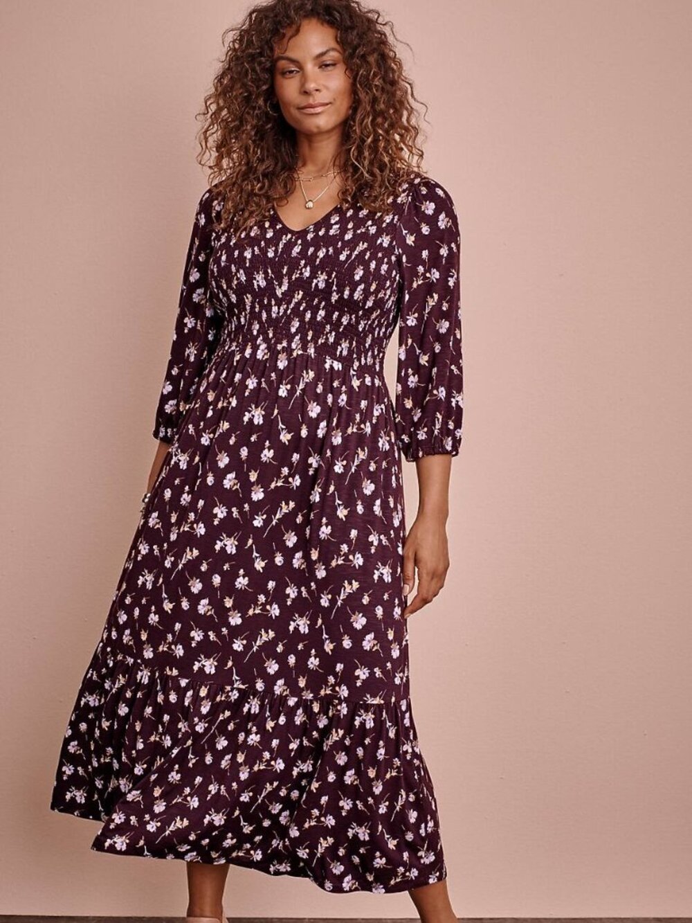 J. Jill Tiered Flounced Hem Floral Midi Dress 3X Floral Smocked Bodice V Neck - Picture 11 of 12